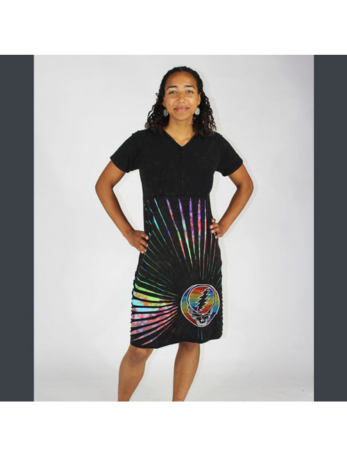 Women's Cotton Lycra Razor Cut Cap Sleeve Short Dress w/Grateful Dead Steal Your Face Rainbow Embroidery