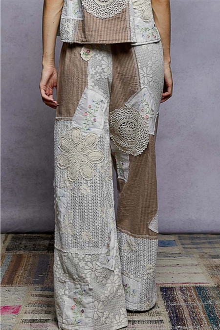 Women's Solid Lace Patch Woven Pants
