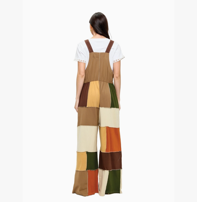Unisex Floral Embroidered Patchwork Overalls