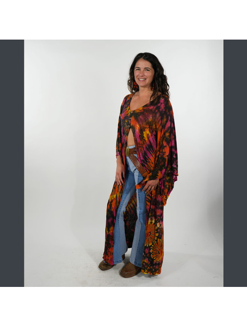 Women's Tie Dye Angle Cut Wide Sleeve 3 Button Long Duster w/ Bolt Embroidery & Pockets