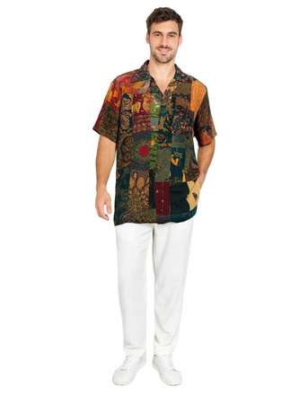 Men's Patchwork Rayon Short Sleeve Button Down Shirt