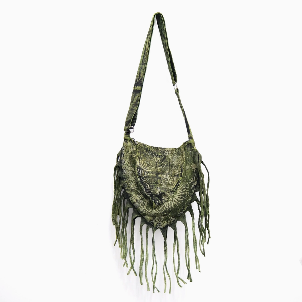 Celestial Print Stonewashed Crossbody Fringe Bag