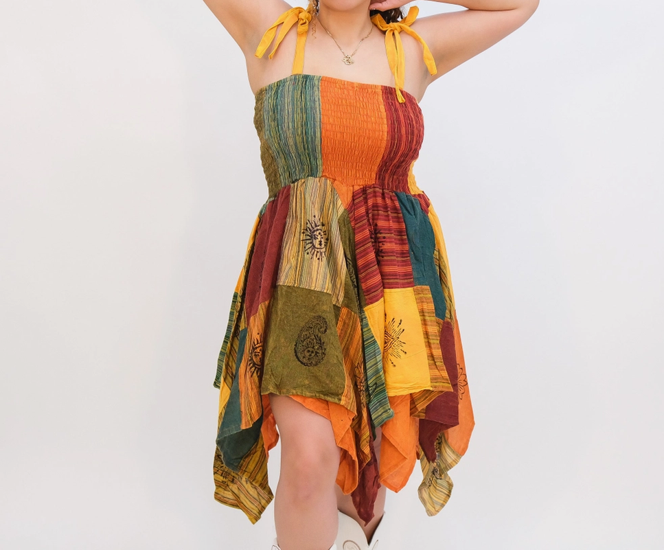Women's Cotton Patchwork Tie-Strap Pixie Fairy Dress
