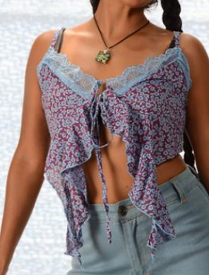 Women's Printed Cotton Voile & Lace Flutter Halter Top