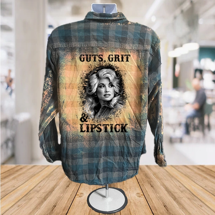 Unisex Dolly Parton Guts, Grit and Lipstick Bleached Flannel