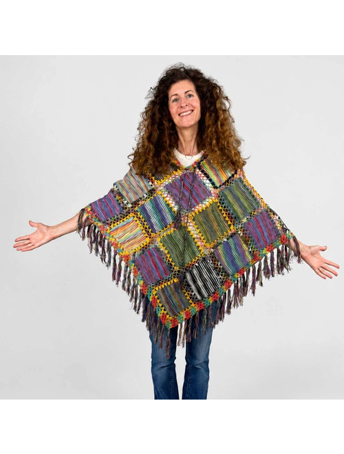 Women's Cotton Knit & Crochet Poncho w/ Fringe