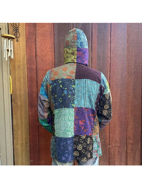 Unisex Cotton Patchwork Mushroom Print Pullover Hoodie