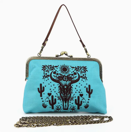 Western Cow Skull Kiss Lock Bag