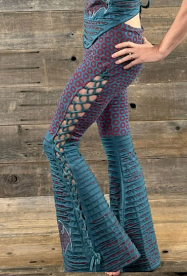 Women's Cotton Lycra Phish Donut Print Razor-Cut Side Tied Bell Bottom Pants