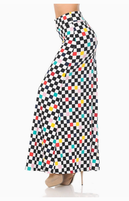 Women's Poly Spandex Buttery Smooth Checkered Color Accent Maxi Skirt