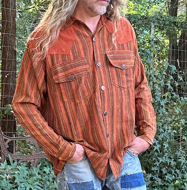 Men's Cotton Striped Button Up Long Sleeve Cowboy Shirt