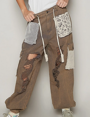 Vintage Wash Crochet Patches Distress Jogger Pants