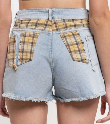 Women's Light Denim Plaid Patchwork Shorts
