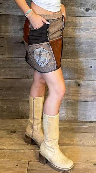 Women's Stonewash Sweatshirt Fleece Patchwork Mini Skirt w/ Steal Your Face Embroidery