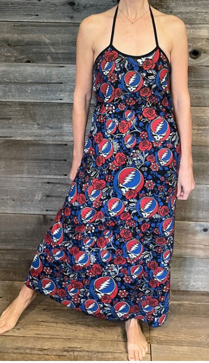 Women's Grateful Dead Cotton Lycra Multi Steal Your Face & Rose Print Braid Back Maxi Halter Dress w/ Back Bobbing Elastic - HalfMoonMusic