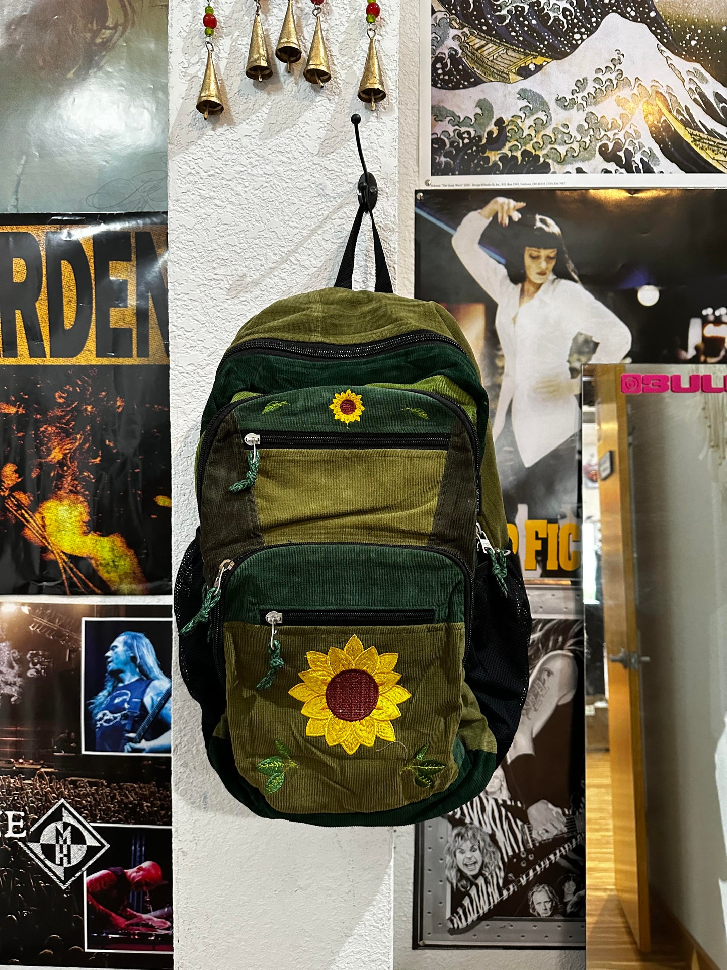 Corduroy Patch Sunflower Embroidered Backpack - HalfMoonMusic