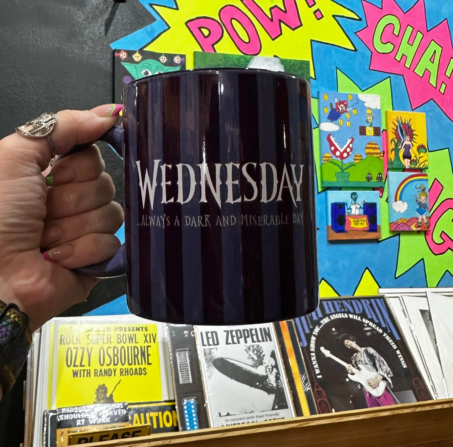Wednesday Silhoutte Purple Stripes Mug - HalfMoonMusic