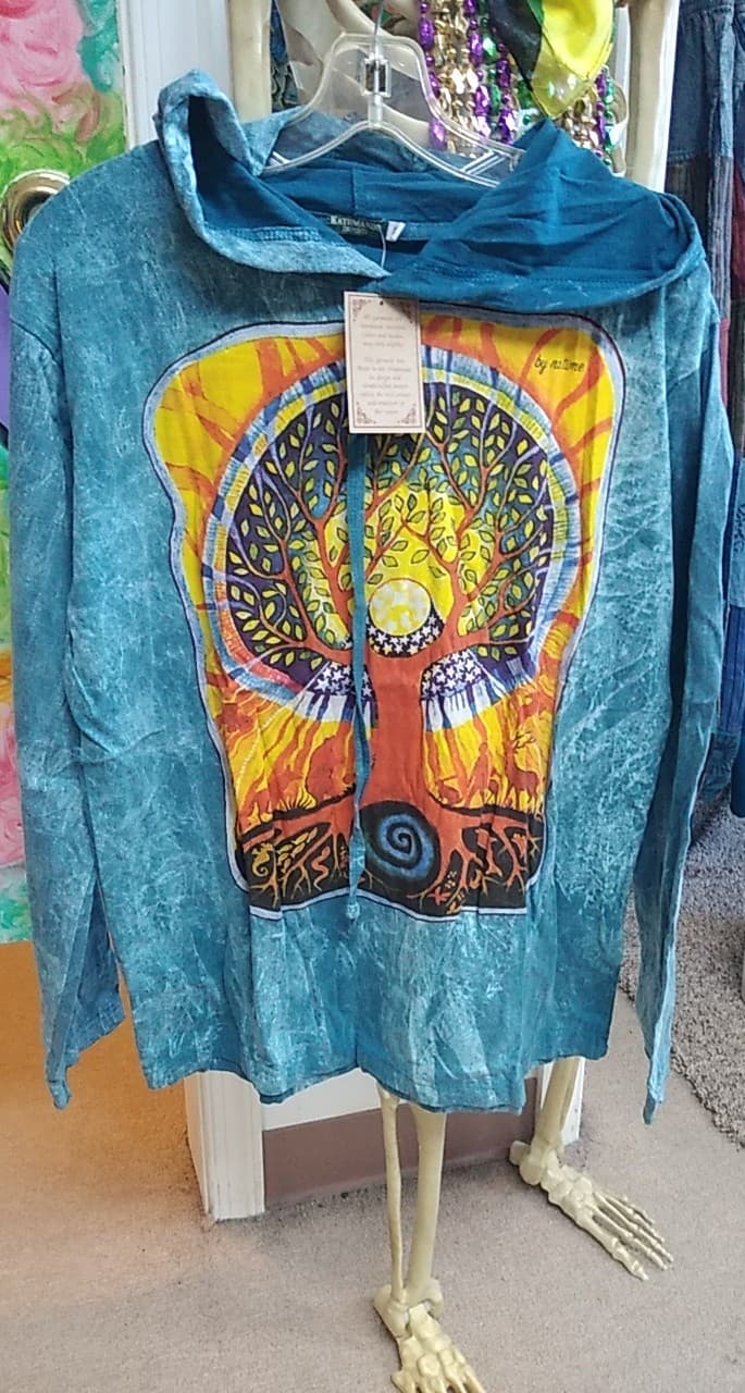 Womens Stonewashed Tree Of Life Hooded LS T-shirt - HalfMoonMusic