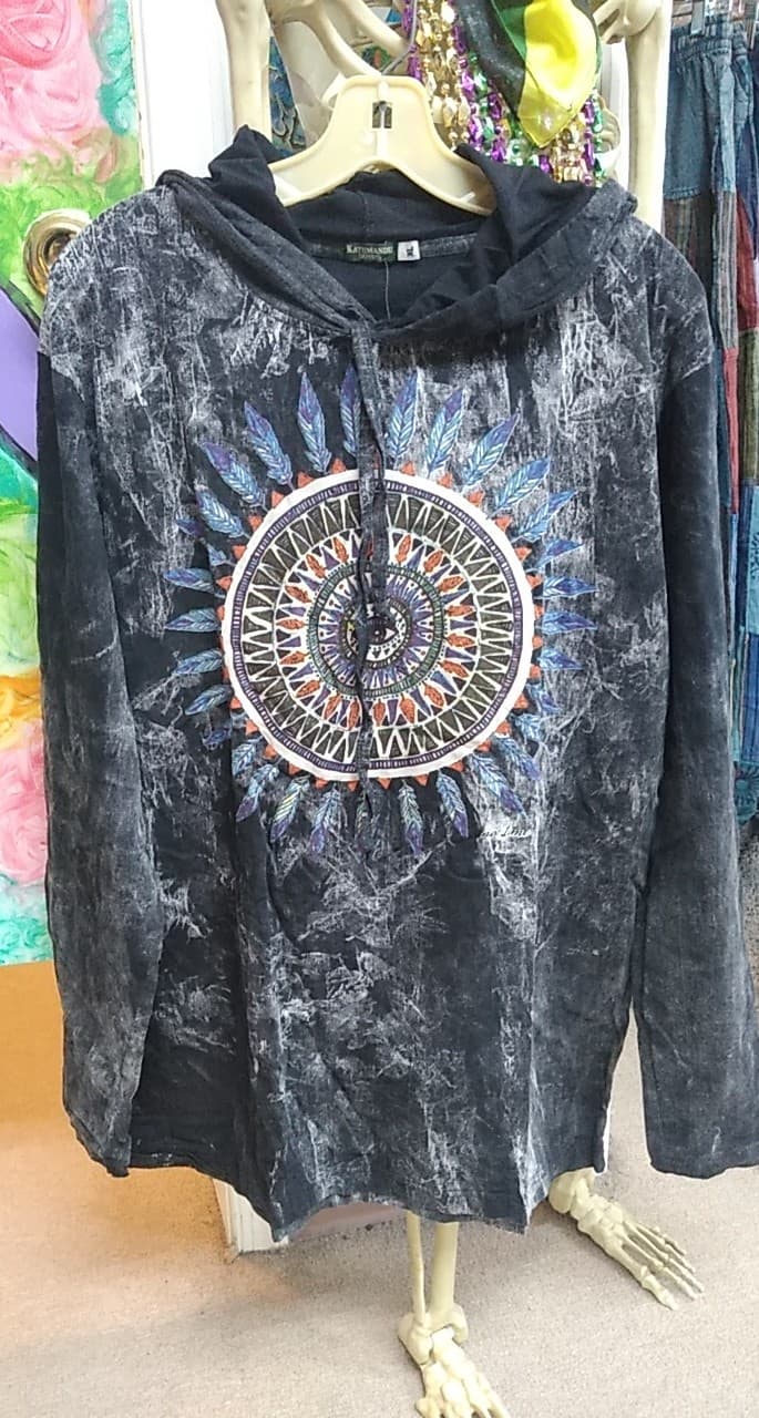 Womens Stonewashed Hooded Eye Mandala LS Shirt - HalfMoonMusic