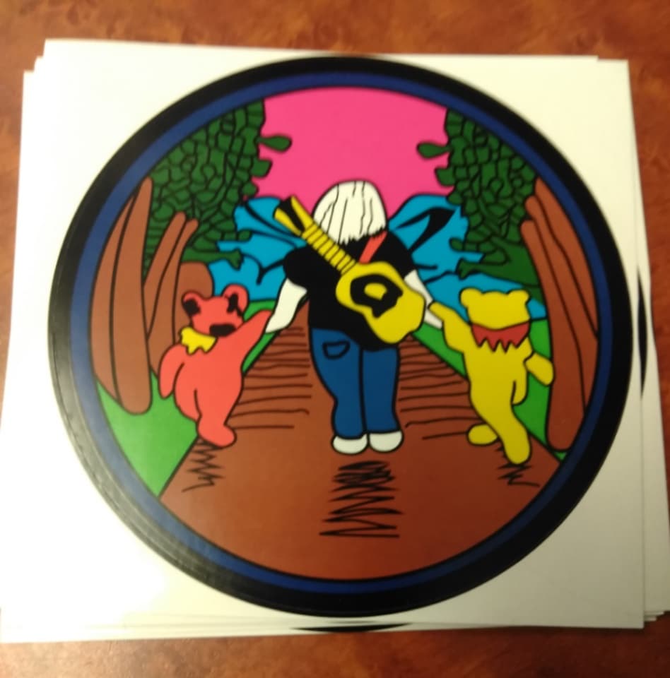 Walking with Jerry Round Sticker - HalfMoonMusic
