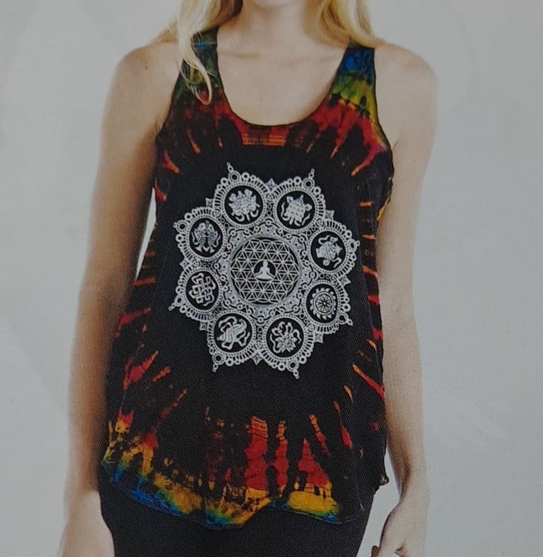Womens Spandex Tie-Dye Auspicious Meditation Print Tank Top - HalfMoonMusic
