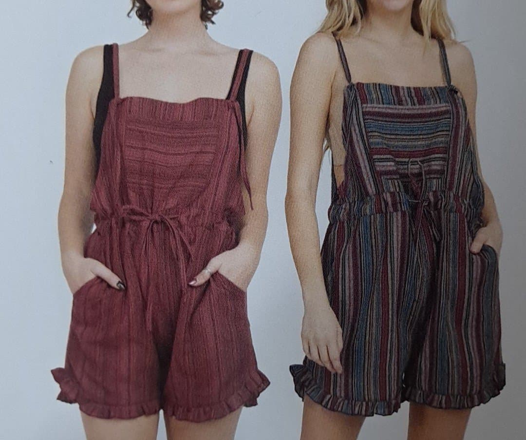 Womens Ruffle Cuff Striped Short Overalls - HalfMoonMusic