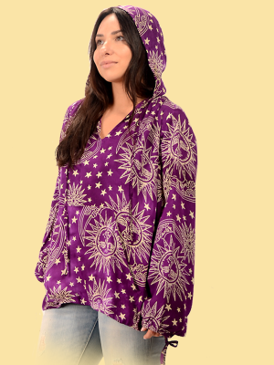 Womens Rayon Celestial Print Lightweight Hoodie - HalfMoonMusic