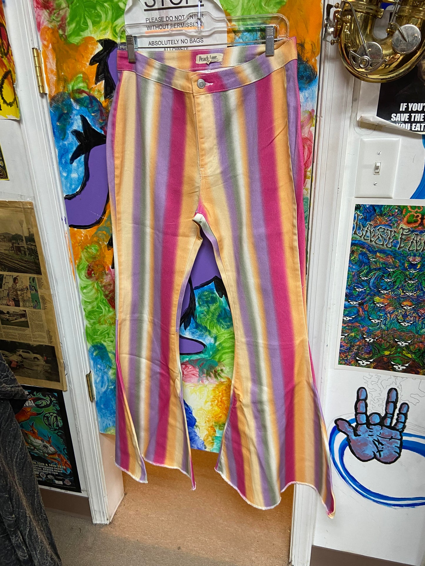Women's Rainbow Stripe Print Flare Bell Bottom Pants - HalfMoonMusic