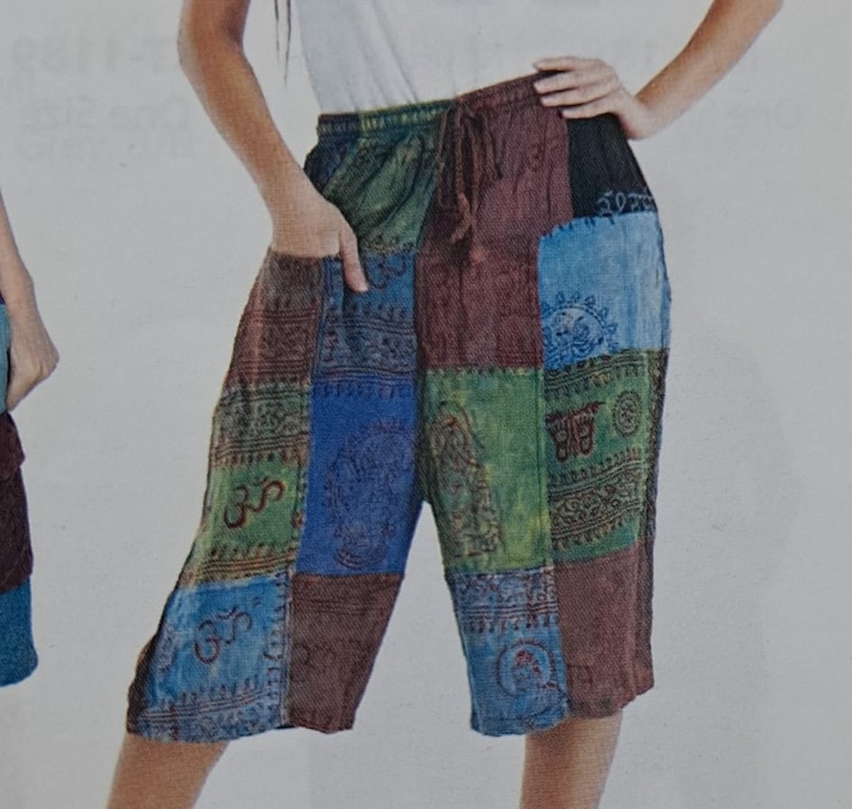 Unisex Stretchy Waist Rayon Patchwork Om Print Shorts - HalfMoonMusic