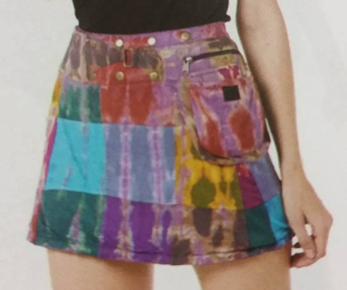Tie Dyed Patchwork Mini Wrap Pocket Skirt - HalfMoonMusic
