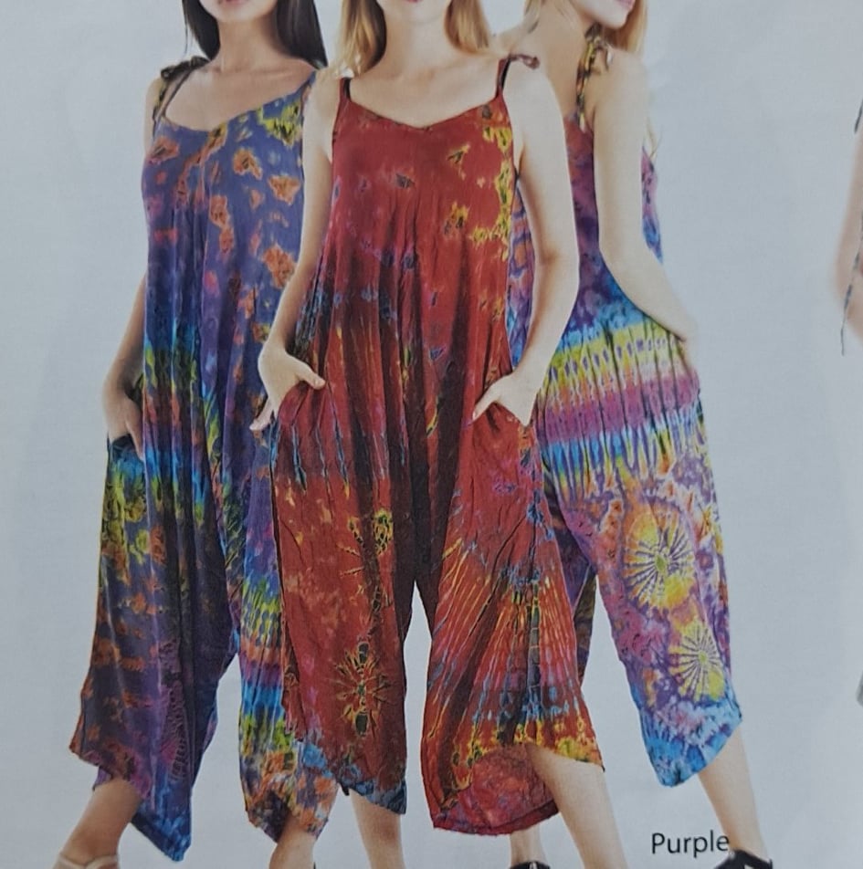 Womens Rayon Tie-Dye Flowy Sleeveless Jumpsuit - HalfMoonMusic