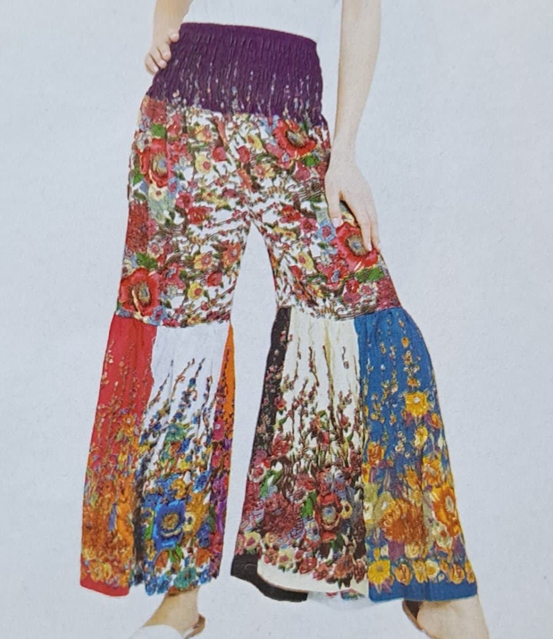 Womens Rayon Smocked Bell Bottom Patchwork Pants - HalfMoonMusic