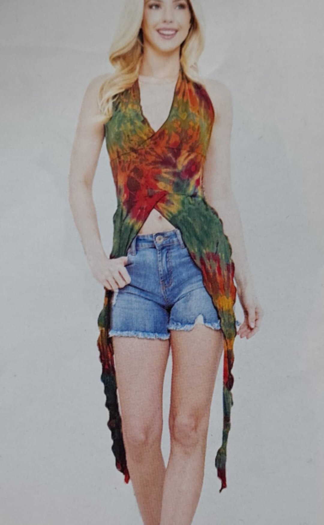 Womens Spandex Tie-Dye Long Sides V-Neck Halter Top - HalfMoonMusic