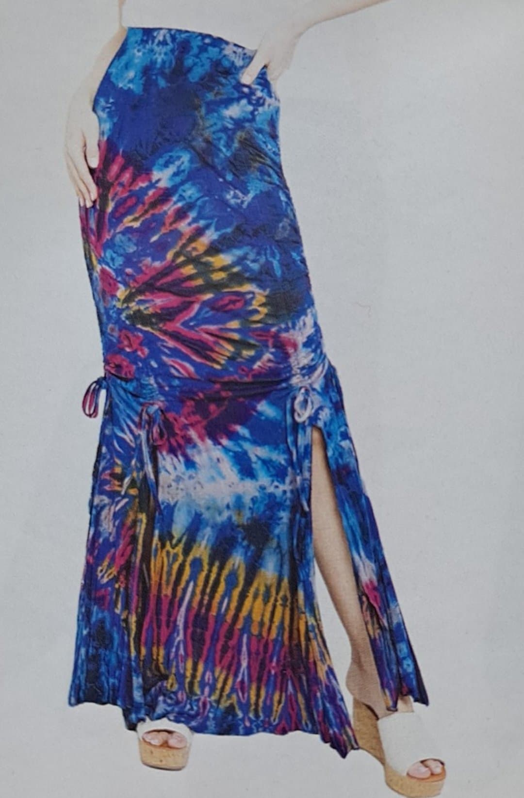 Womens Spandex Tie-Dye Cinched Sides Low Split Maxi Skirt - HalfMoonMusic