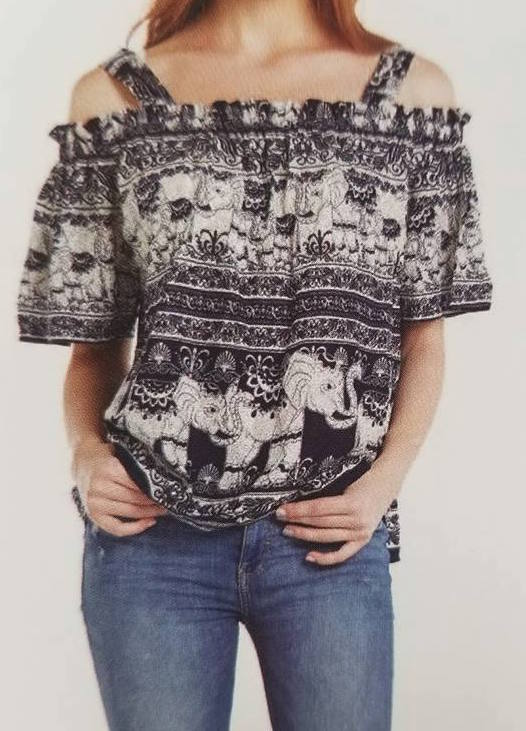 Cold Shoulder Rayon Elephant Top - HalfMoonMusic