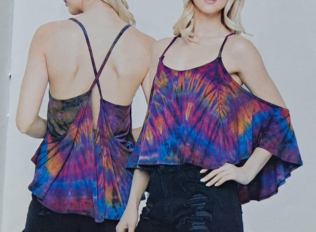 Womens Spandex Tie-Dye Cross-Back Flowy Crop Top - HalfMoonMusic