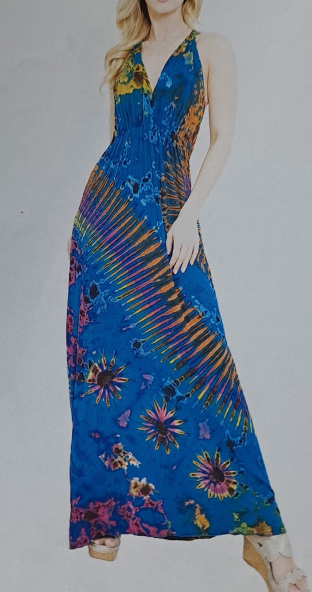 Womens Spandex Tie-Dye Crossback Maxi Halter Dress - HalfMoonMusic