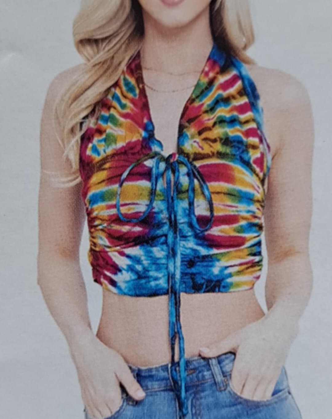 Womens Spandex Tie-Dye Front Tie Ruffle Halter Top - HalfMoonMusic