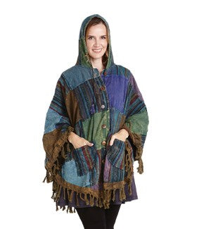 HoodedPatchwork Poncho W/ Fringe - HalfMoonMusic