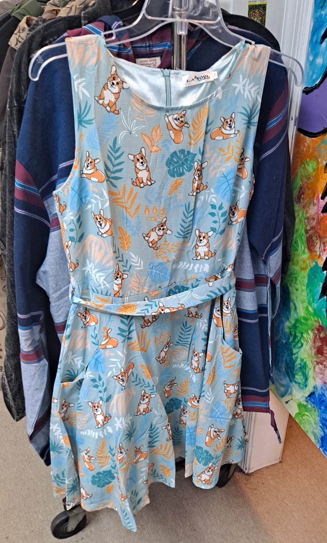 Women's Polyester Sleeveless Cartoon Corgi Print Dress - HalfMoonMusic