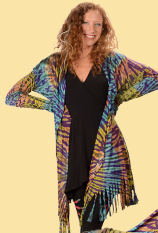 Ladies Tie Dye Dancing Bear Fringe Cardigan - HalfMoonMusic