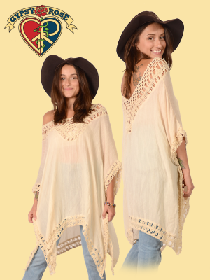 Cotton Poly blend Crochet Poncho Top - HalfMoonMusic