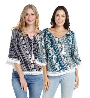 Womens Short Sleeve Elephant Poncho Top W/ Fringe - HalfMoonMusic