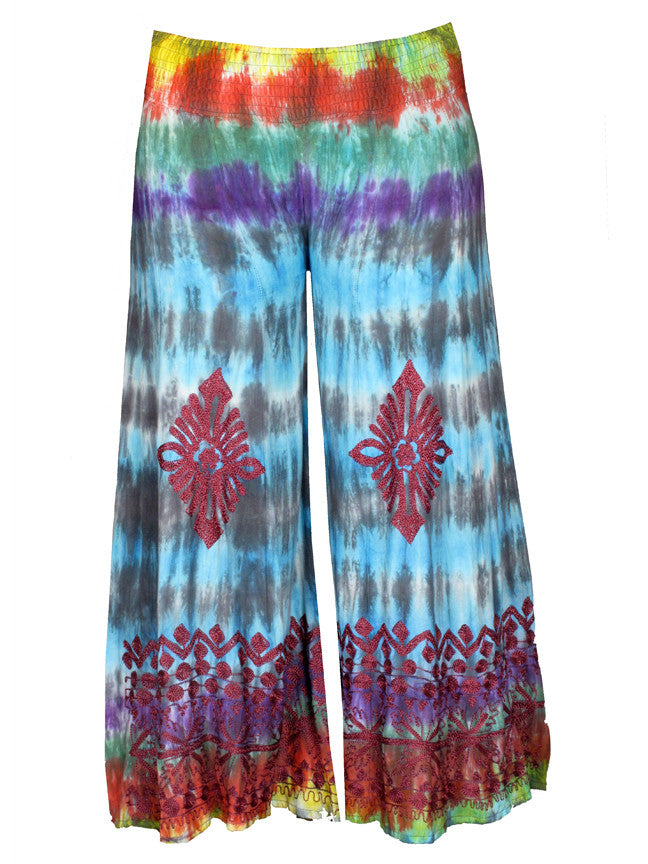 Embroidered Tie Dye Wide Legged Pants - HalfMoonMusic