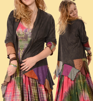 Viscose Long Sleeve Wrap Cardigan with Patchwork Detail - HalfMoonMusic