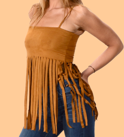 Womens Stretchy Psuedo Suede Midriff Fringe Top - HalfMoonMusic