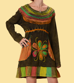 Womens Flower Stonewashed Patchwork Long Sleeve Dress - HalfMoonMusic