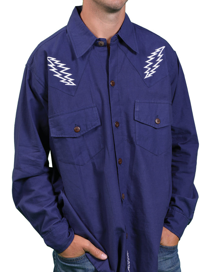 Mens Long Sleeve Bolt Embroidered Button Up Shirt - HalfMoonMusic