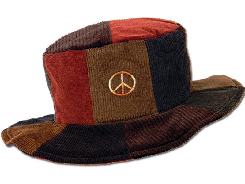 Patchwork Corduroy Floppy Hat with Peace Sign - HalfMoonMusic