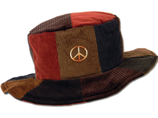 Patchwork Corduroy Floppy Hat with Peace Sign - HalfMoonMusic
